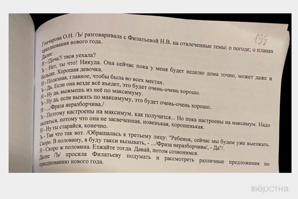 Расшифровка разговора обвиняемой Ольги Гончаровой с подругой, представленная в материалах дела