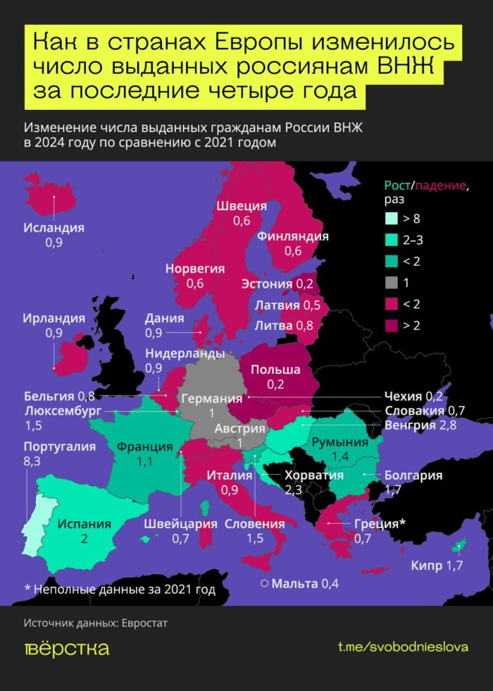 В каких странах Европы проще всего получить ВНЖ. В 2024-м Испания по количеству выданных россиянам ВНЖ впервые обогнала Германию, а число разрешений, выданных Португалией растёт из года в год